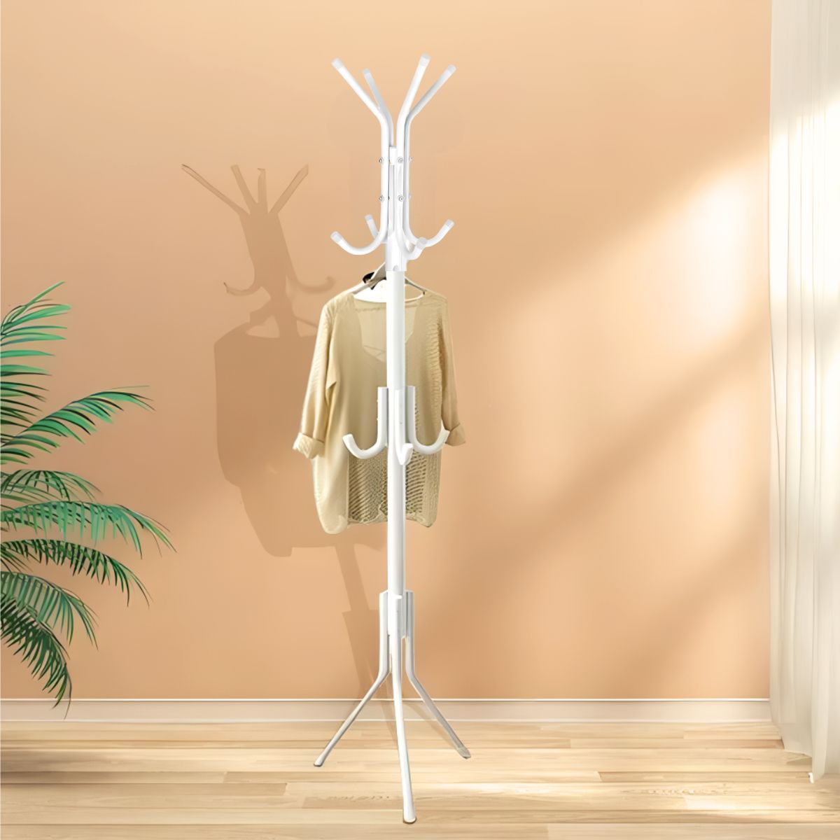 SM - PERCHERO DE PIE COLGADOR DE ROPA DE METAL CROMADO -12 GANCHOS BLANCO