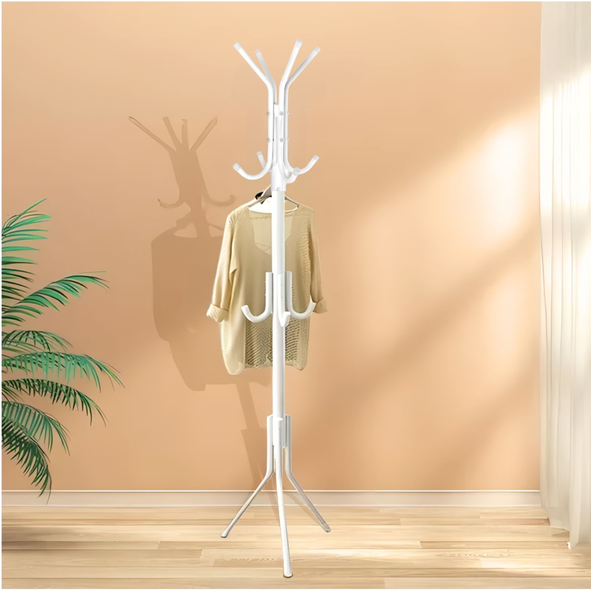 SM - PERCHERO DE PIE COLGADOR DE ROPA DE METAL CROMADO -12 GANCHOS BLANCO