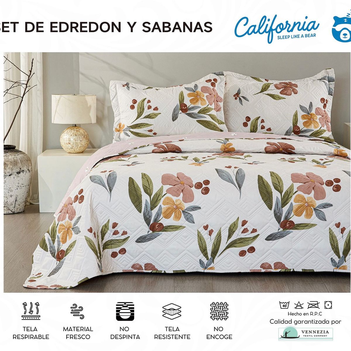 MINGDA - Set de Cubrecama + Juego de sabanas + fundas  2 Pz 100% Algodón