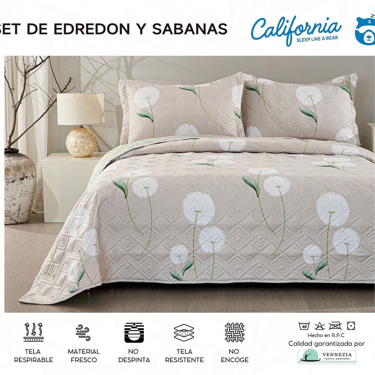 MINGDA - Set de Cubrecama + Juego de sabanas + fundas  2 Pz 100% Algodón