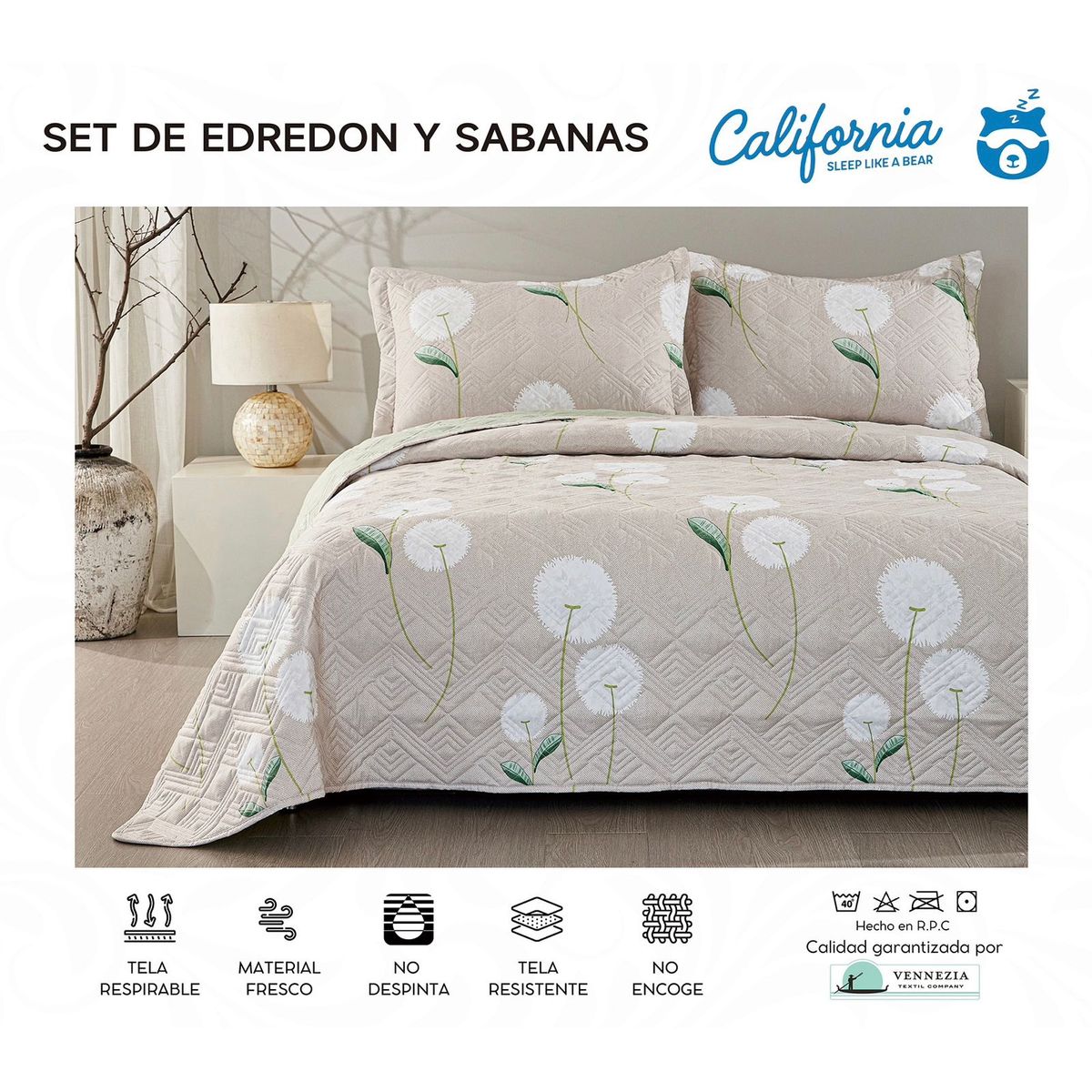 MINGDA - Set de Cubrecama + Juego de sabanas + fundas  2 Pz 100% Algodón