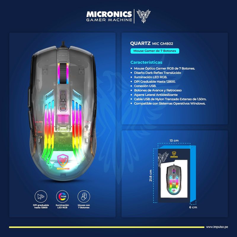 MICRONICS - Mouse Gamer Alámbrico 7B 12800DPI NEGRO Micronics Quartz - MIC GM802