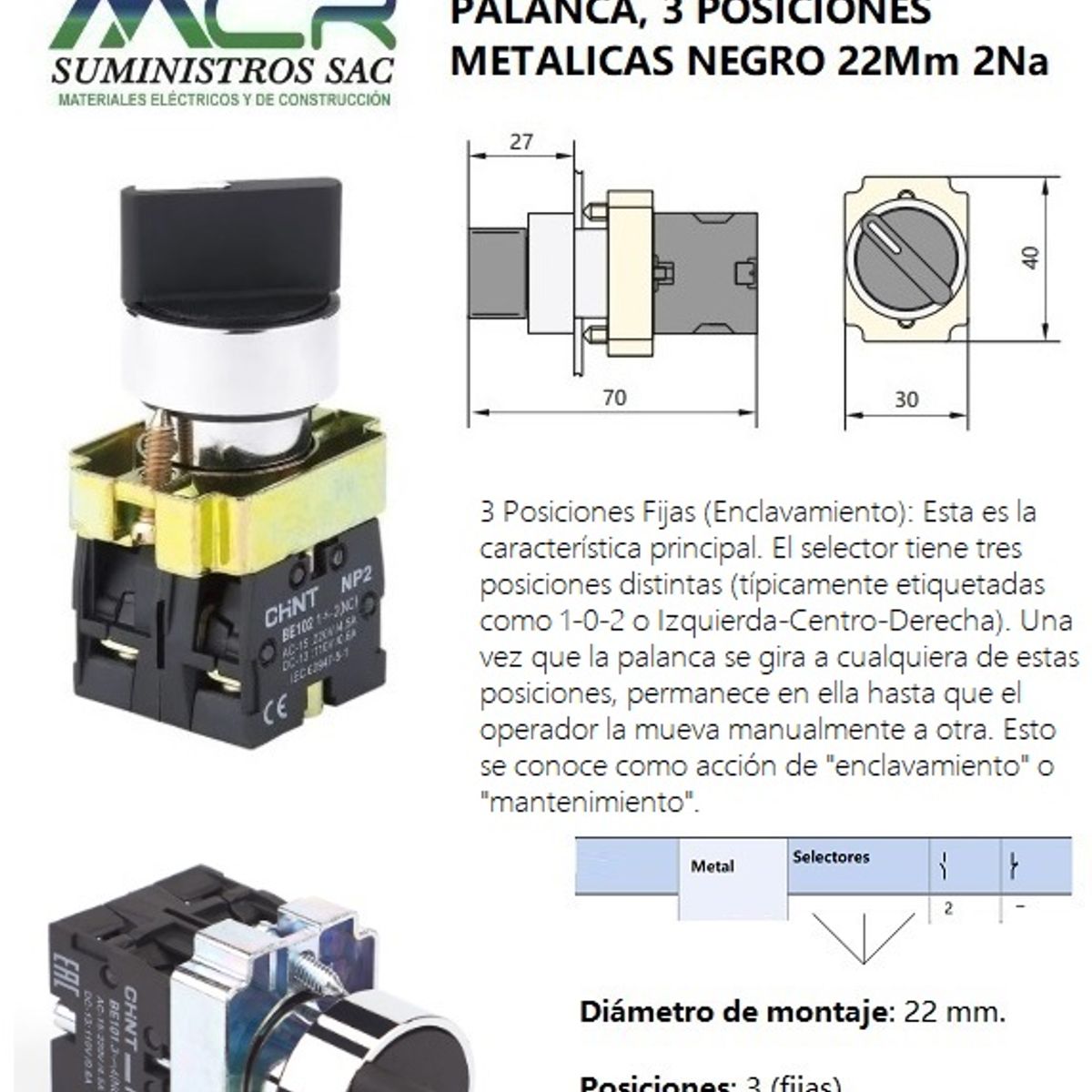 CHINT - INTERRUPTOR SELECTOR MANETA CORTA,  3 POSIC METALICO NEGRO 22Mm, 2Na
