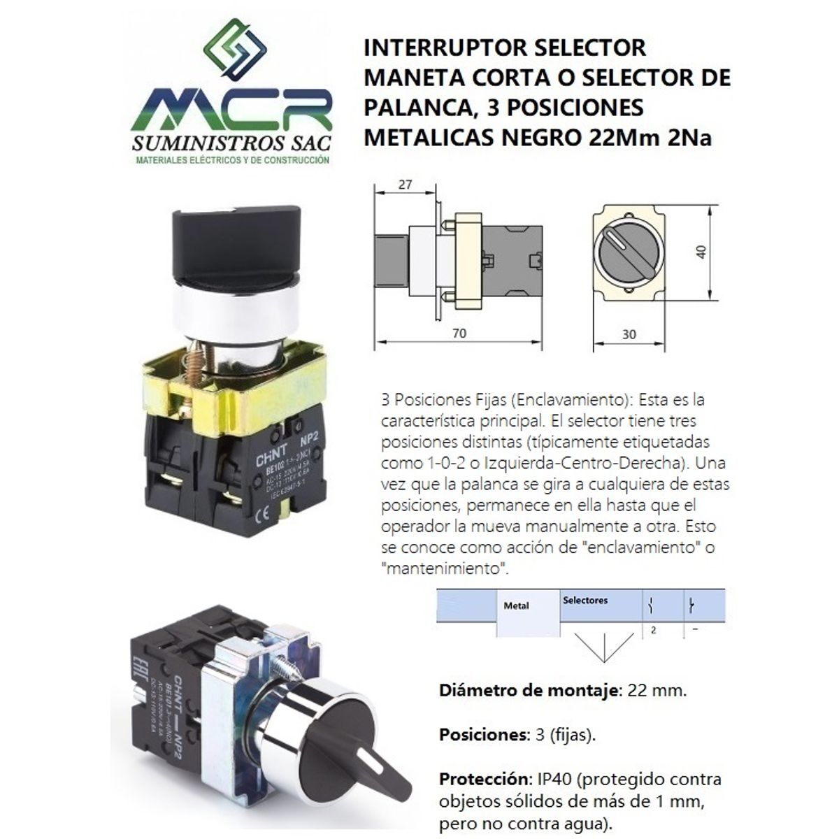 CHINT - INTERRUPTOR SELECTOR MANETA CORTA,  3 POSIC METALICO NEGRO 22Mm, 2Na