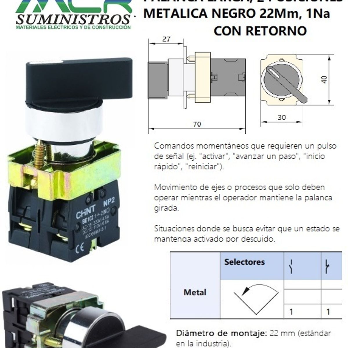 CHINT - INTER SELECTOR MANETA LARGA 2POSIC METAL NEGRO 22Mm 2Na RETORNO