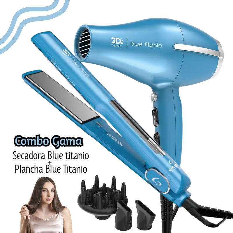 GAMA - Combo GAMA Secadora Blue titanio + Plancha Blue Titanio DIG