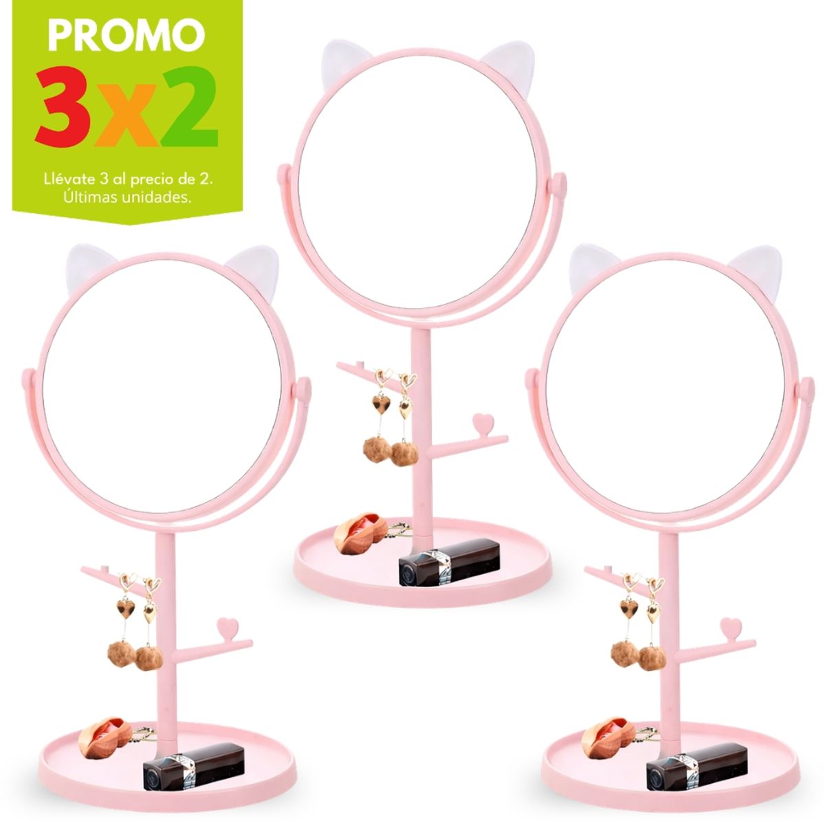 MINARI - Promo 3x2 Espejo Joyero en Forma de Gatito Rosado 327E