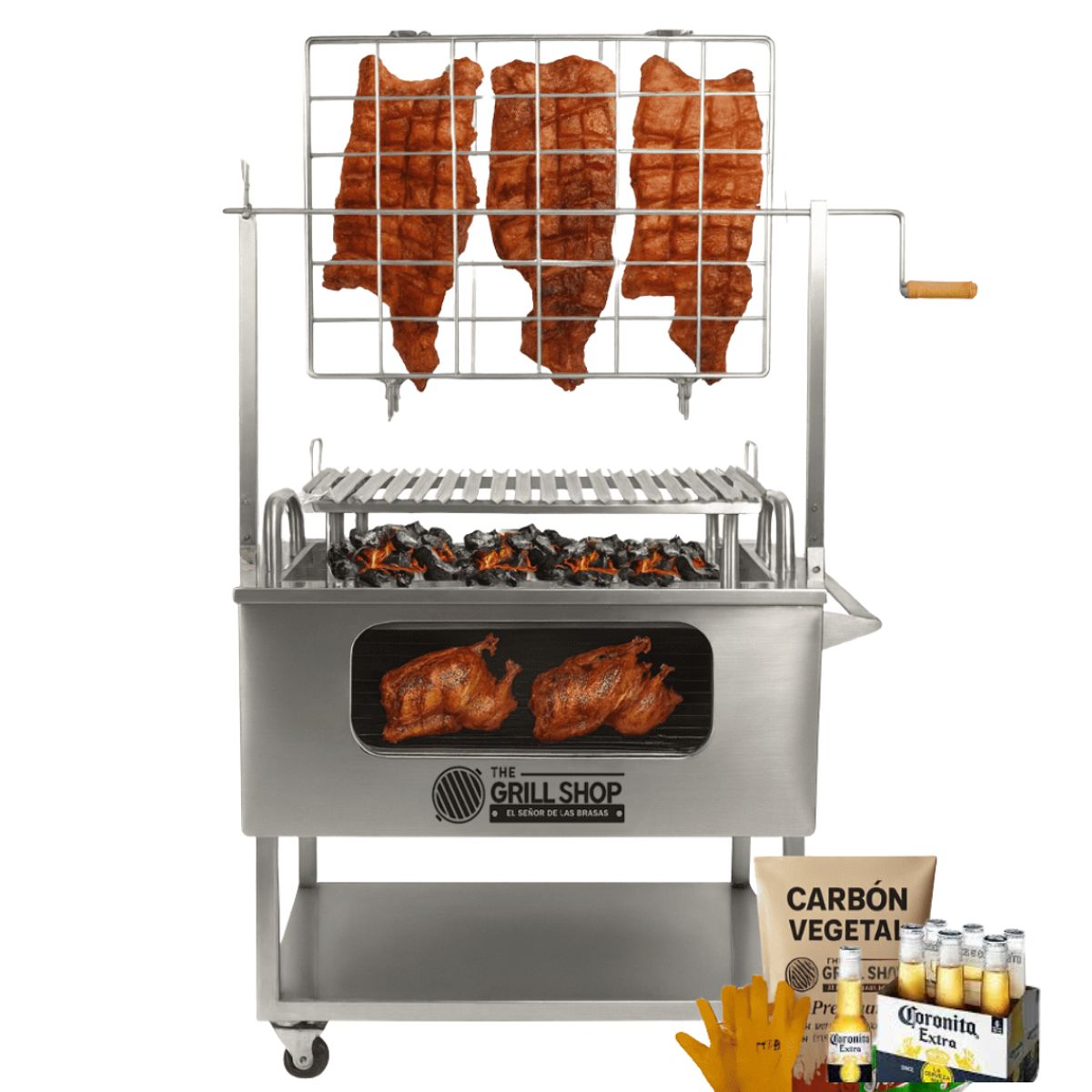THE GRILL SHOP - Caja China Grande 3 en 1 con Visor +Cerveza+Carbon+Guantes