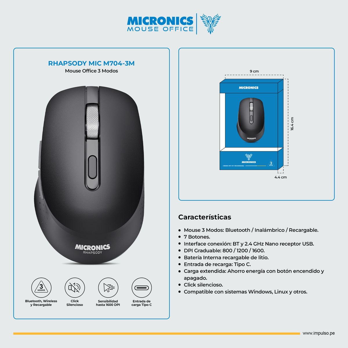 MICRONICS - Mouse 3 Modos: BT InalámbricoRecargable 7B Micronics Rhapsody M704-3M