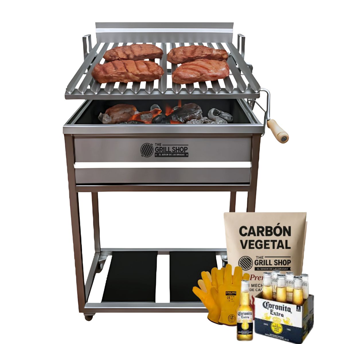THE GRILL SHOP - Parrilla a carbón de Acero Inox regulable + Guantes + carbón + cerveza