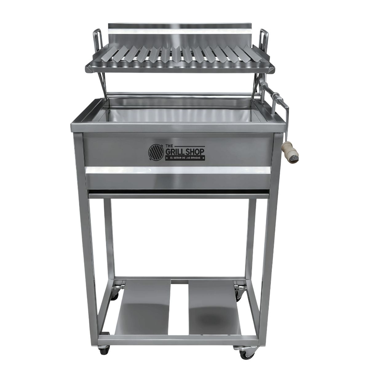 THE GRILL SHOP - Parrilla a carbón de Acero Inox regulable + Guantes + carbón + cerveza