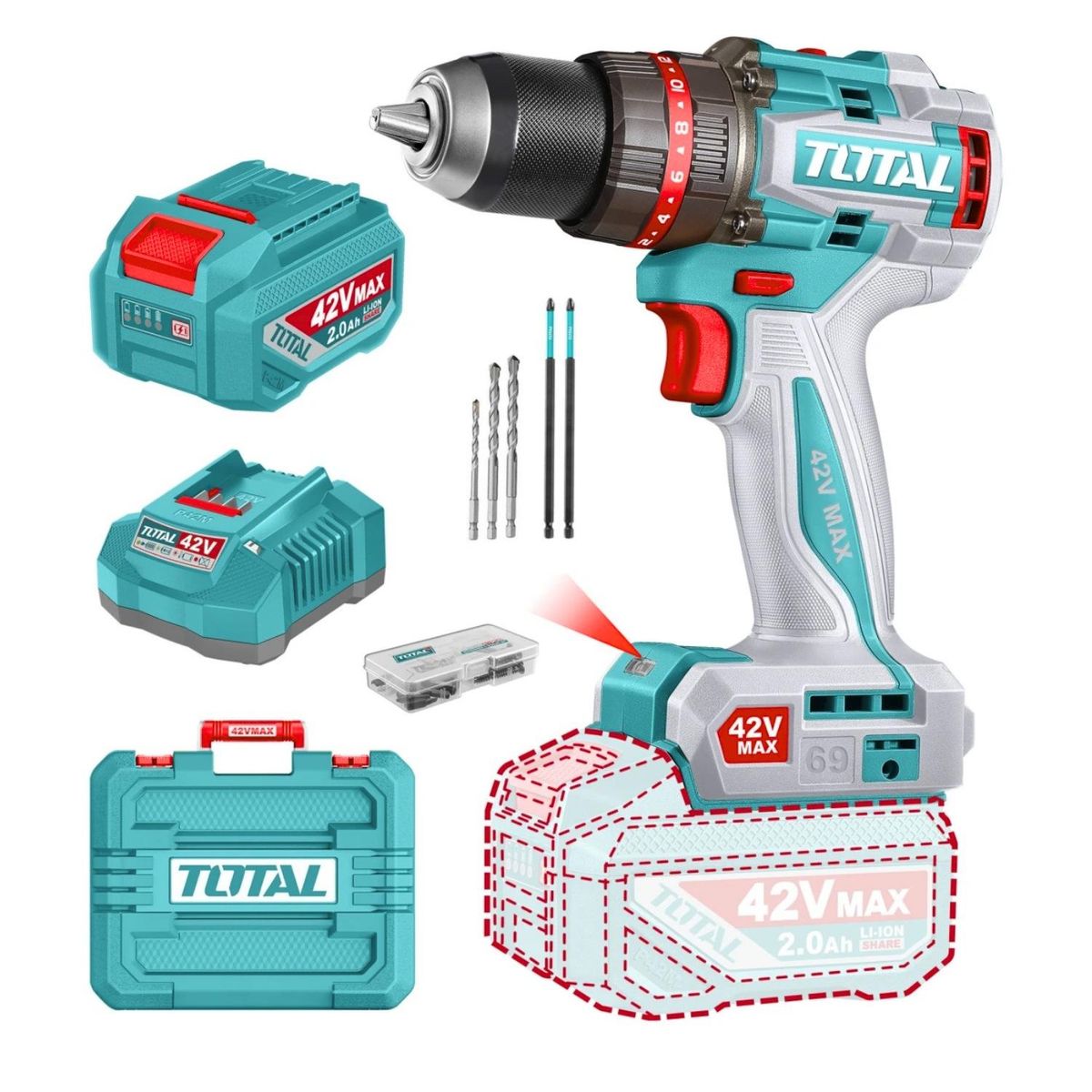 Total Tools - Taladro Percutor 69Nm + 1 Batería y Cargador 42v Total