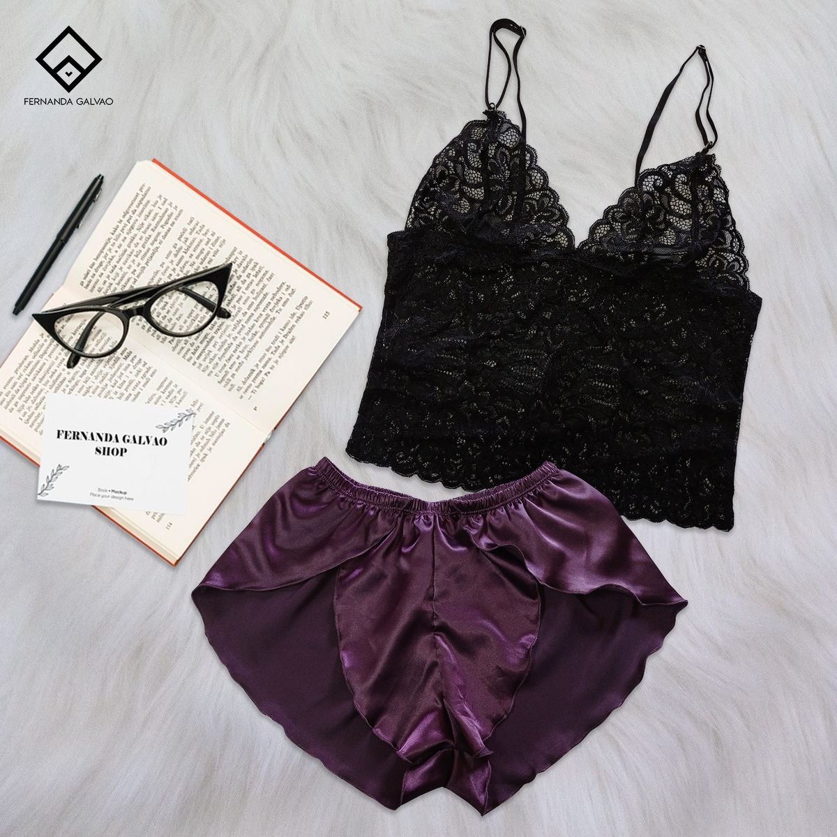 GENERICO - Conjunto Pijama Short Satin y Bralette Encaje