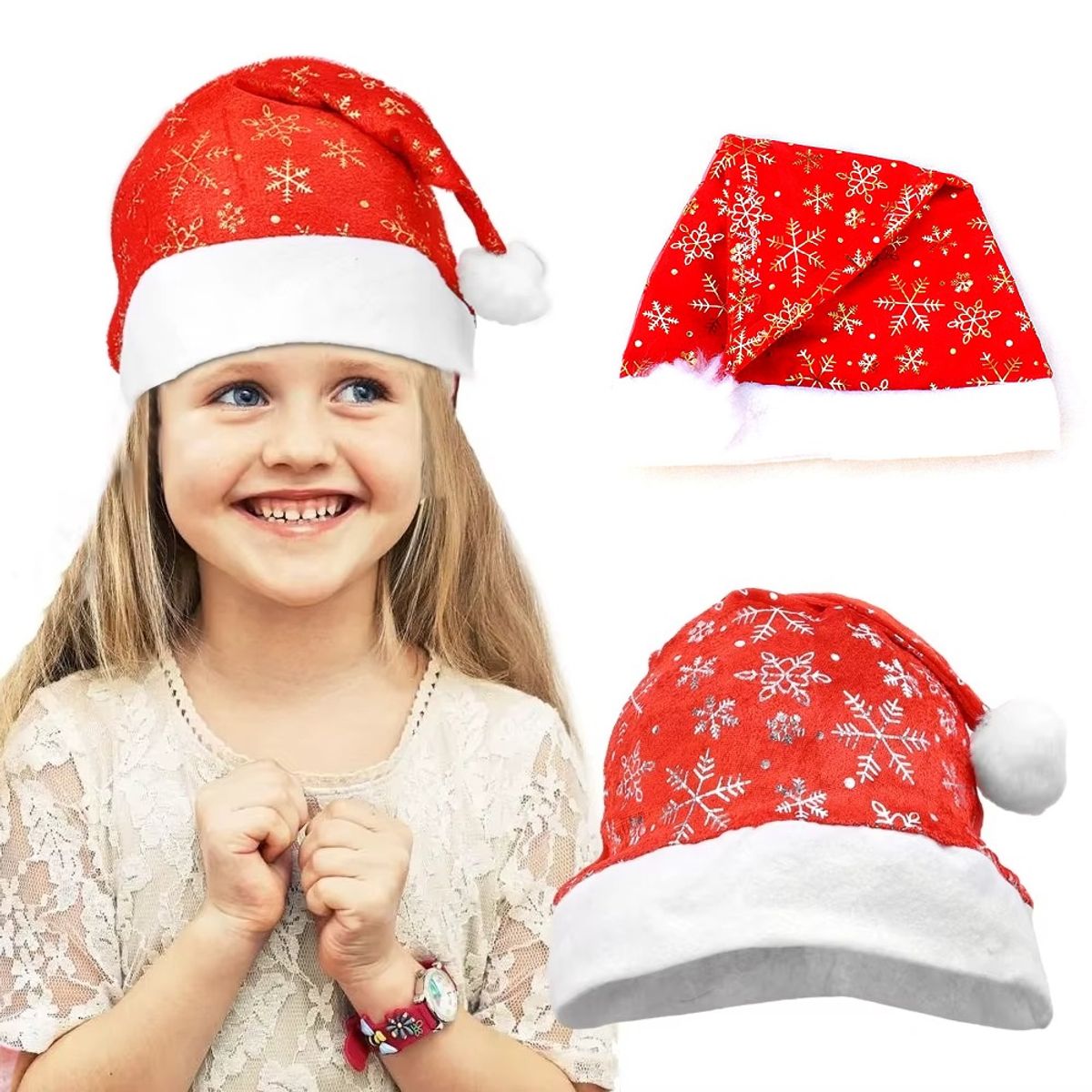 GENERICO - set de 3 Gorro navideña sombrero rojo con copo de nieve