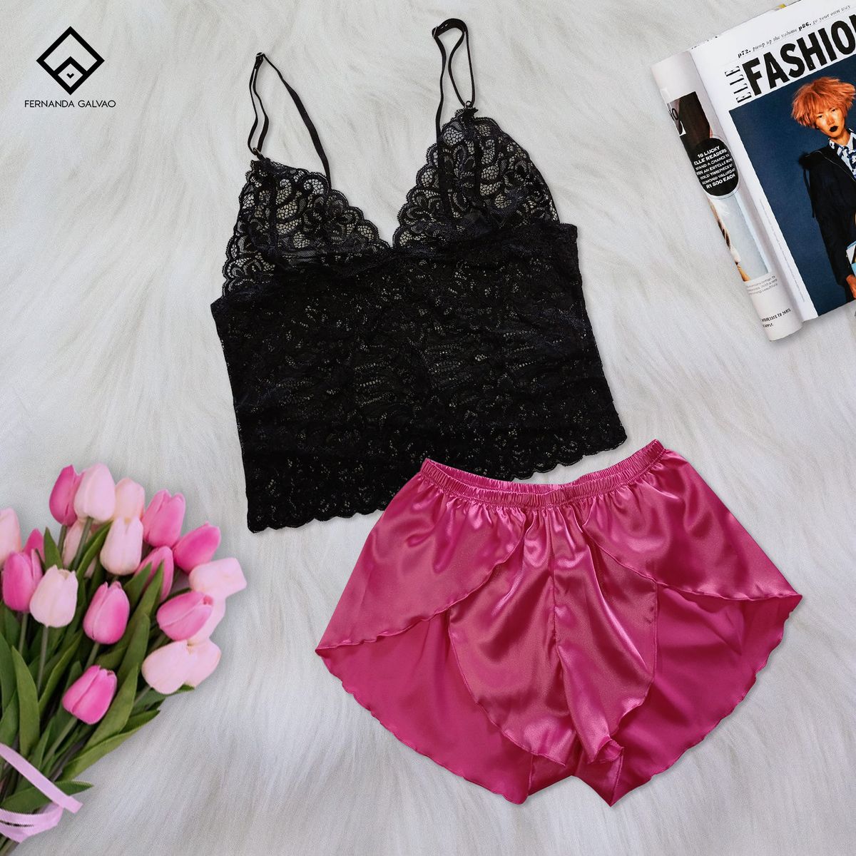 GENERICO - Conjunto Pijama Short Satin y Bralette Encaje