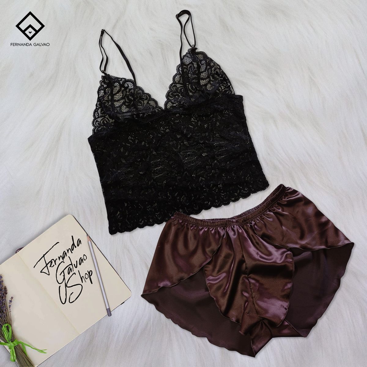 GENERICO - Conjunto Pijama Short Satin y Bralette Encaje