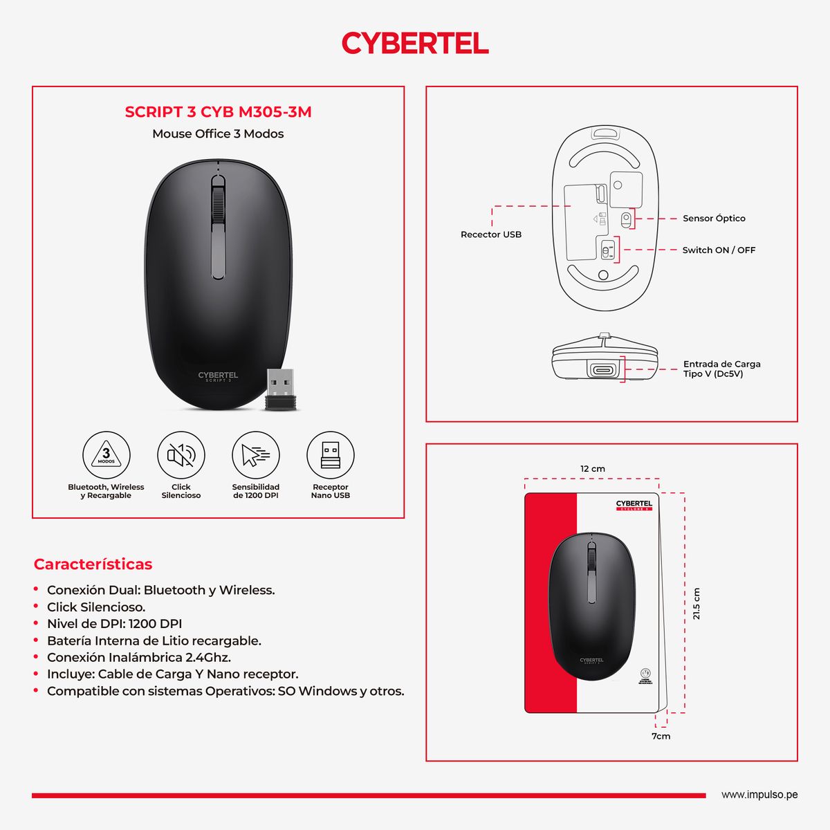 CYBERTEL - Mouse 3 Modos: BT Inalámbrico Recargable 1200DPI CYB Script 3 M305-3M