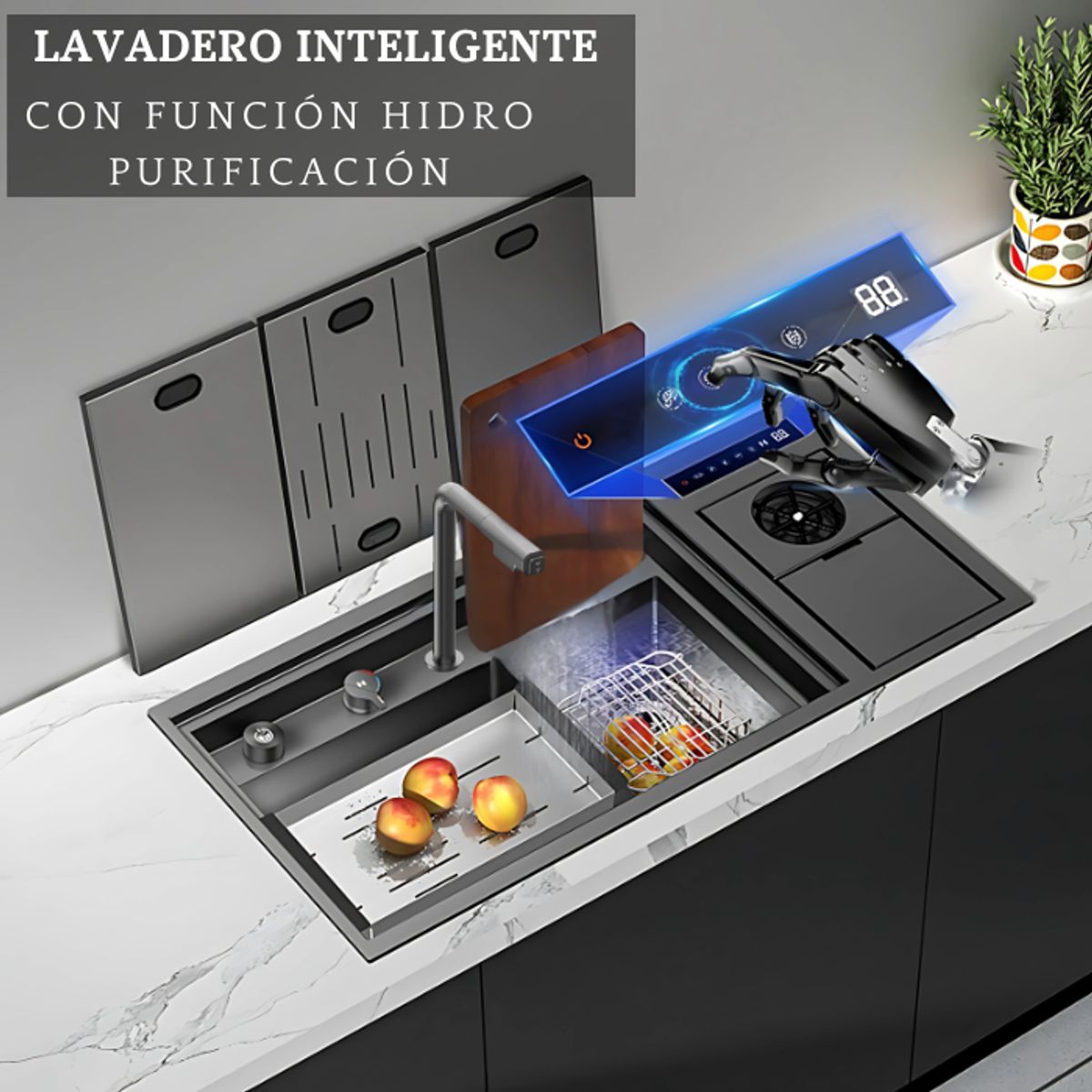 FRATELLI - LAVADERO INTELIGENTE CON FUNCIÓN HYDRO PURIFICACIÓN NEGRO CON MEZCLADORA