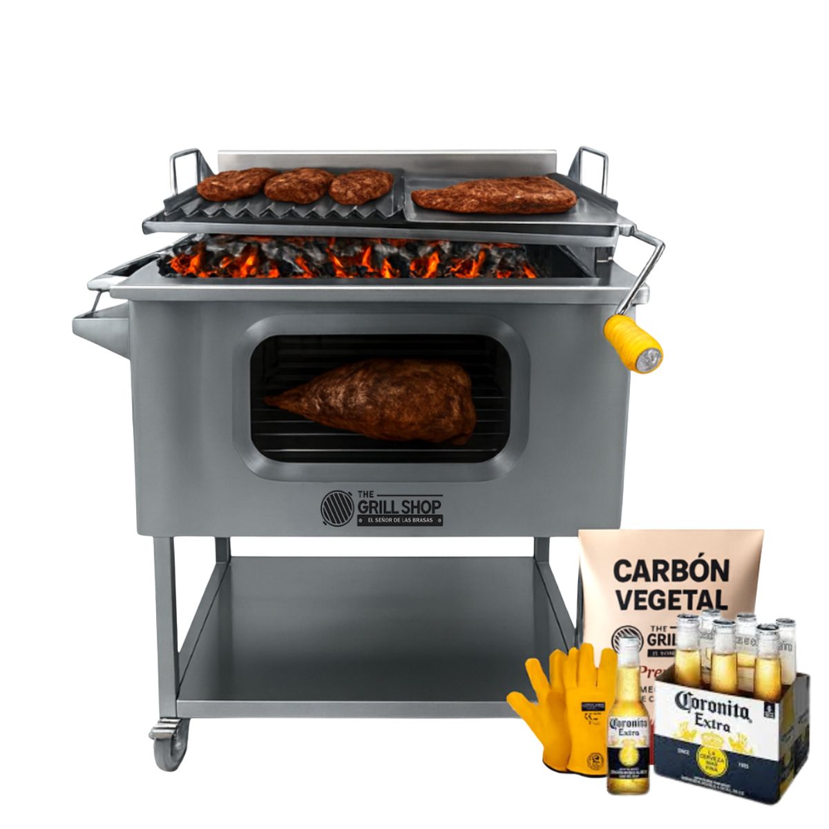 THE GRILL SHOP - Caja China con Visor y Parrilla Elevadiza Inox Guantes Carbón Cerveza