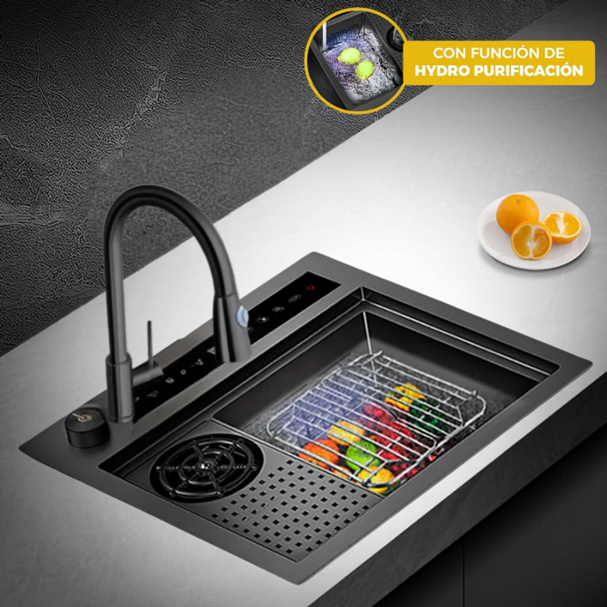 FRATELLI - LAVADERO INTELIGENTE CON FUNCIÓN HYDRO PURIFICACIÓN NEGRO CON MEZCLADORA DE 1 POZA