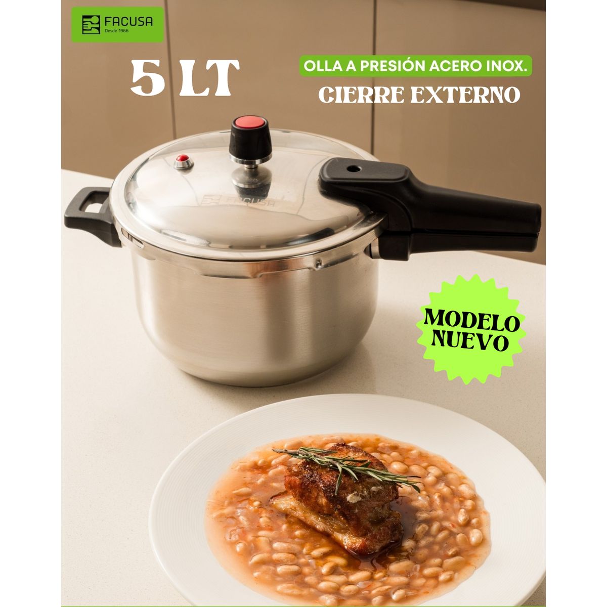 FACUSA - OLLA A PRESIÓN 5 LT C AI CIERRE EXTERNO  ACERO INOXIDABLE FACUSA