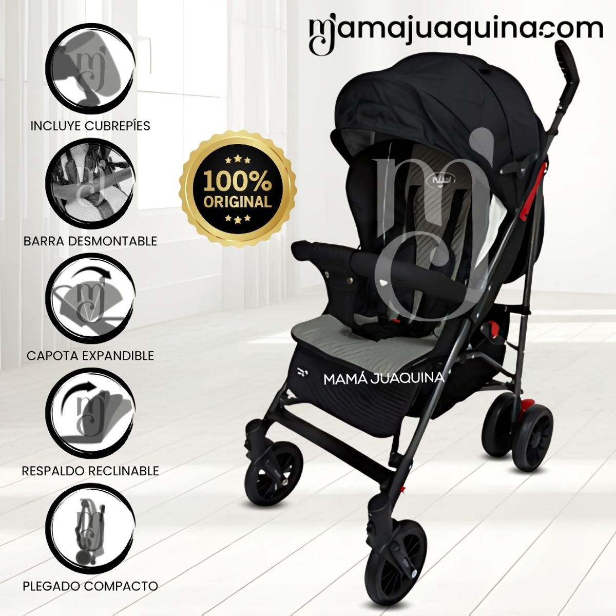 BABY - Coche Bastón de Lujo «RAYO PLUS» Mango Giratorio Black