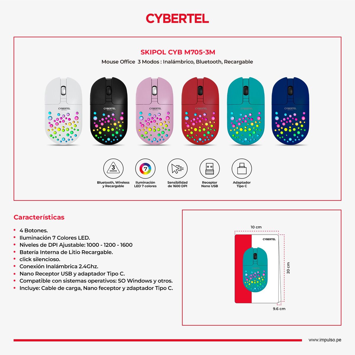 CYBERTEL - Mouse LED 3 Modos: BT Inalámbrico Recargable Cybertel Skipol CYB M705-3m