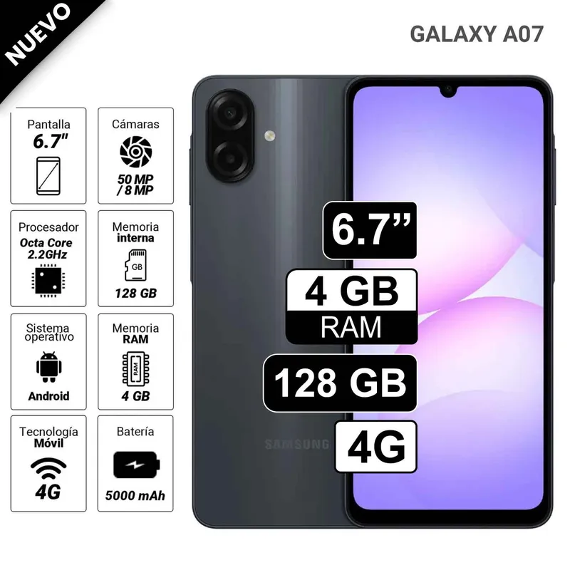SAMSUNG - Celular Samsung Galaxy A07 67 4GB RAM 128GB cámara principal 50MP + 2MP frontal 8MP negro