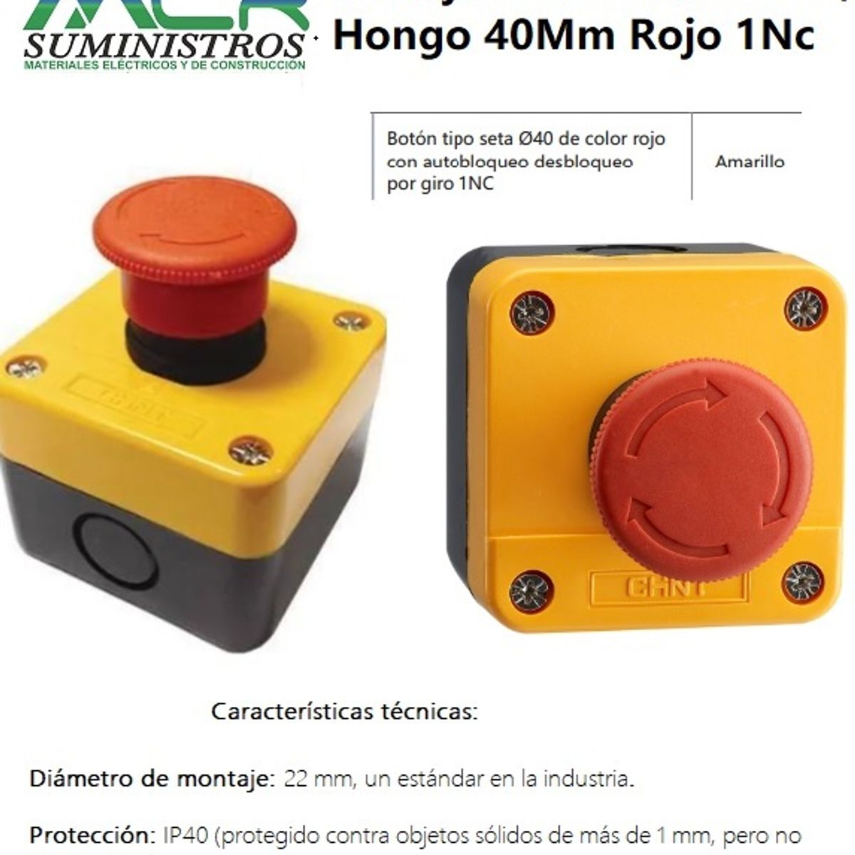 CHINT - PULSADOR DE EMERGENCIA EN CAJA AMARILLA Ø22Mm HONGO DE 40MM ROJO 1NC