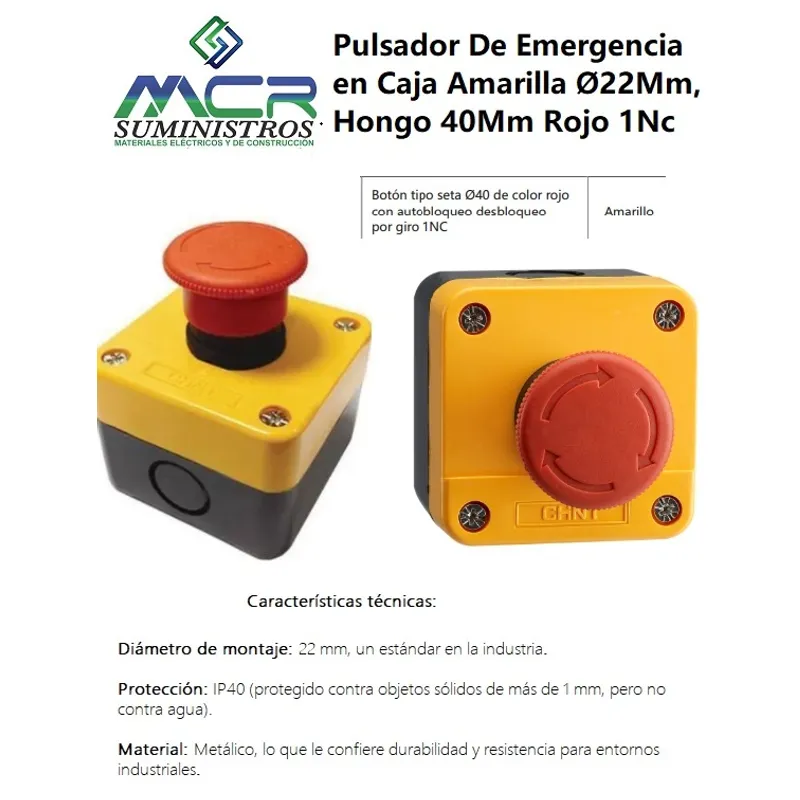 CHINT - PULSADOR DE EMERGENCIA EN CAJA AMARILLA Ø22Mm HONGO DE 40MM ROJO 1NC