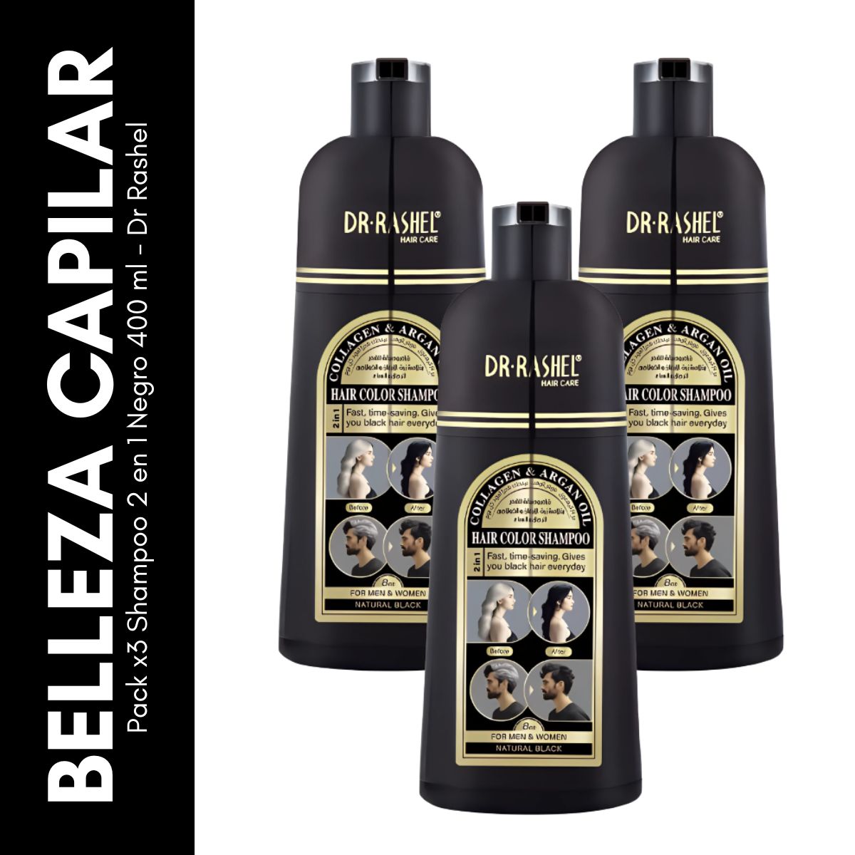 GENERICO - Pack x3 Shampoo 2 en 1 Negro 400 ml - Dr Rashel