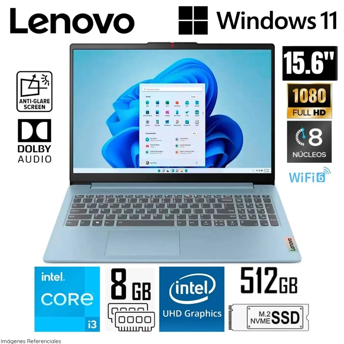 LENOVO - Laptop Lenovo IdeaPad Slim 3 15IAN8 Intel Core i3-N305 8GB RAM  512GB SSD 15.6” FHD  Modelo 82XB003MLM
