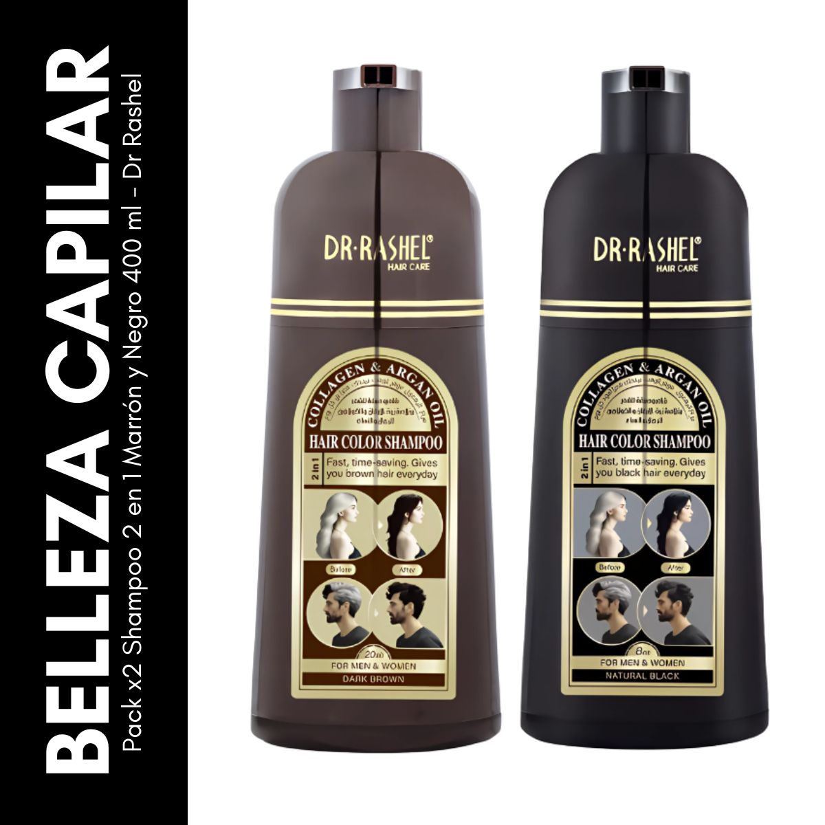 GENERICO - Pack x2 Shampoo 2 en 1 Marrón y Negro 400 ml - Dr Rashel