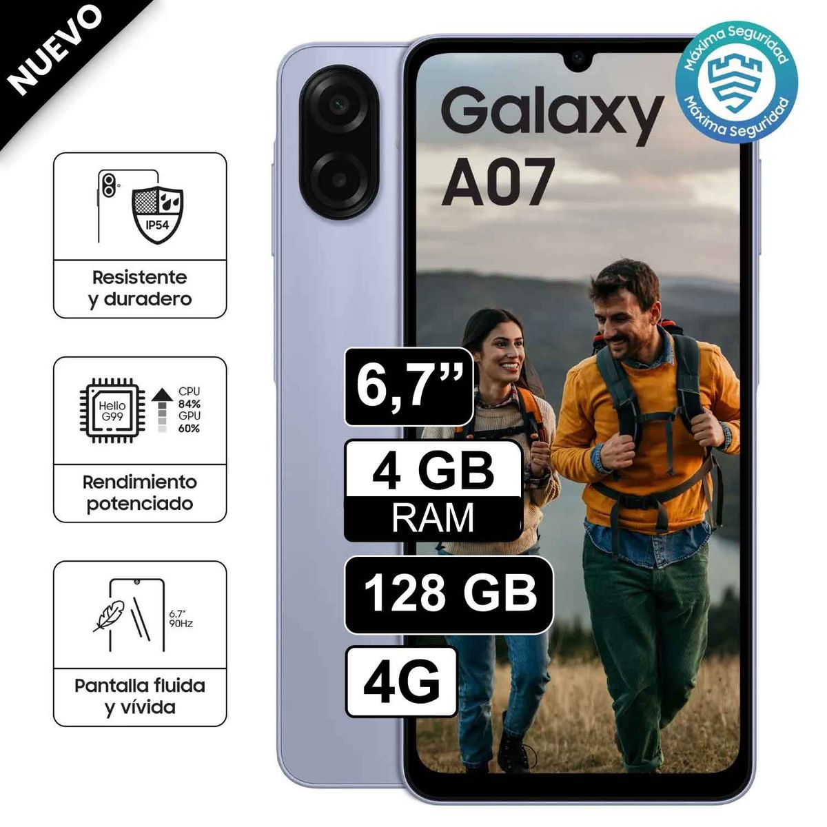 SAMSUNG - Celular Samsung Galaxy A07 67 4GB RAM 128GB cámara principal 50MP + 2MP frontal 8MP Morado