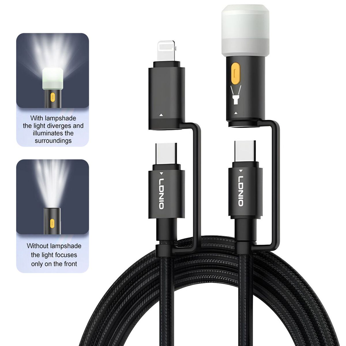 LDNIO - Cable Ldnio LC19 Múltiple con Mini Linterna LED 65W USB-C to C y Lighting