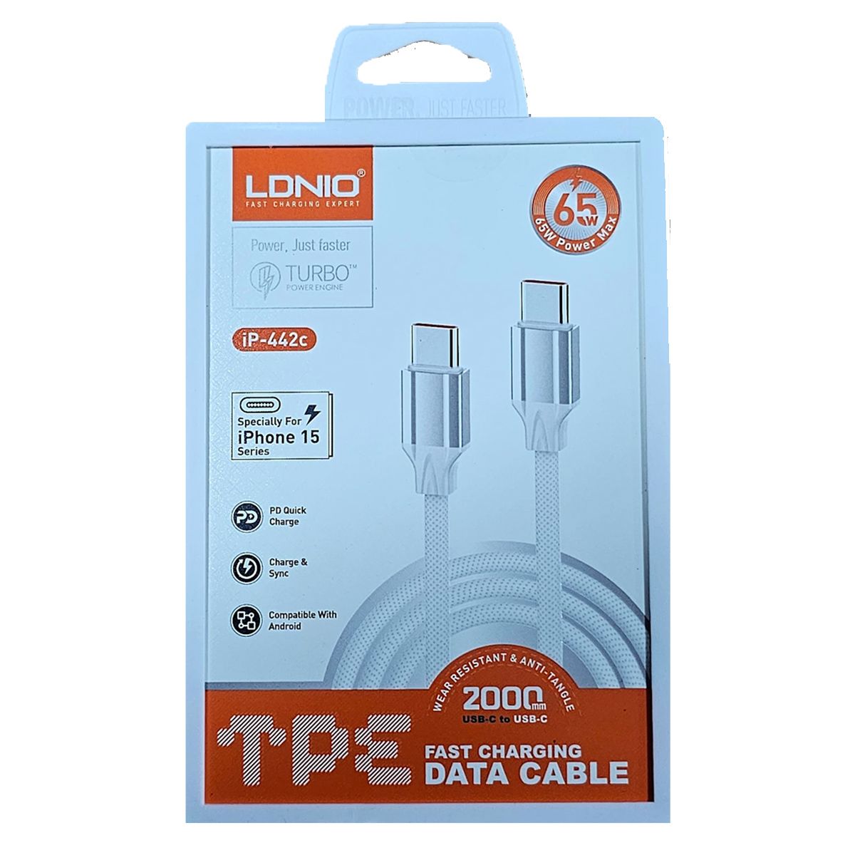 LDNIO - Cable Ldnio iP-442c Tipo C a C Nylón 65W 2m para iPhone Serie 1516 Blanco