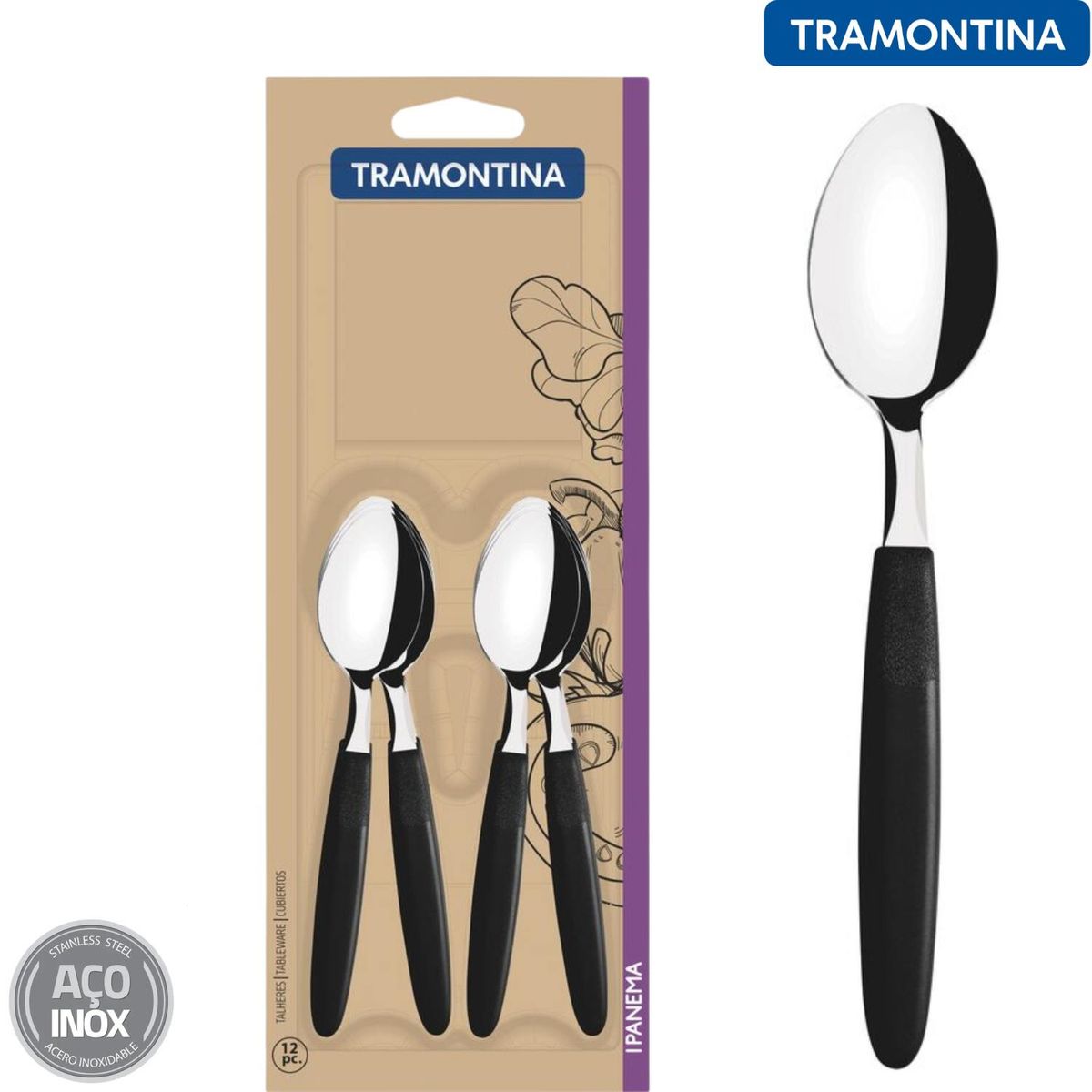 TRAMONTINA - Cuchara de Té Ipanema Negro x12 piezas - Tramontina
