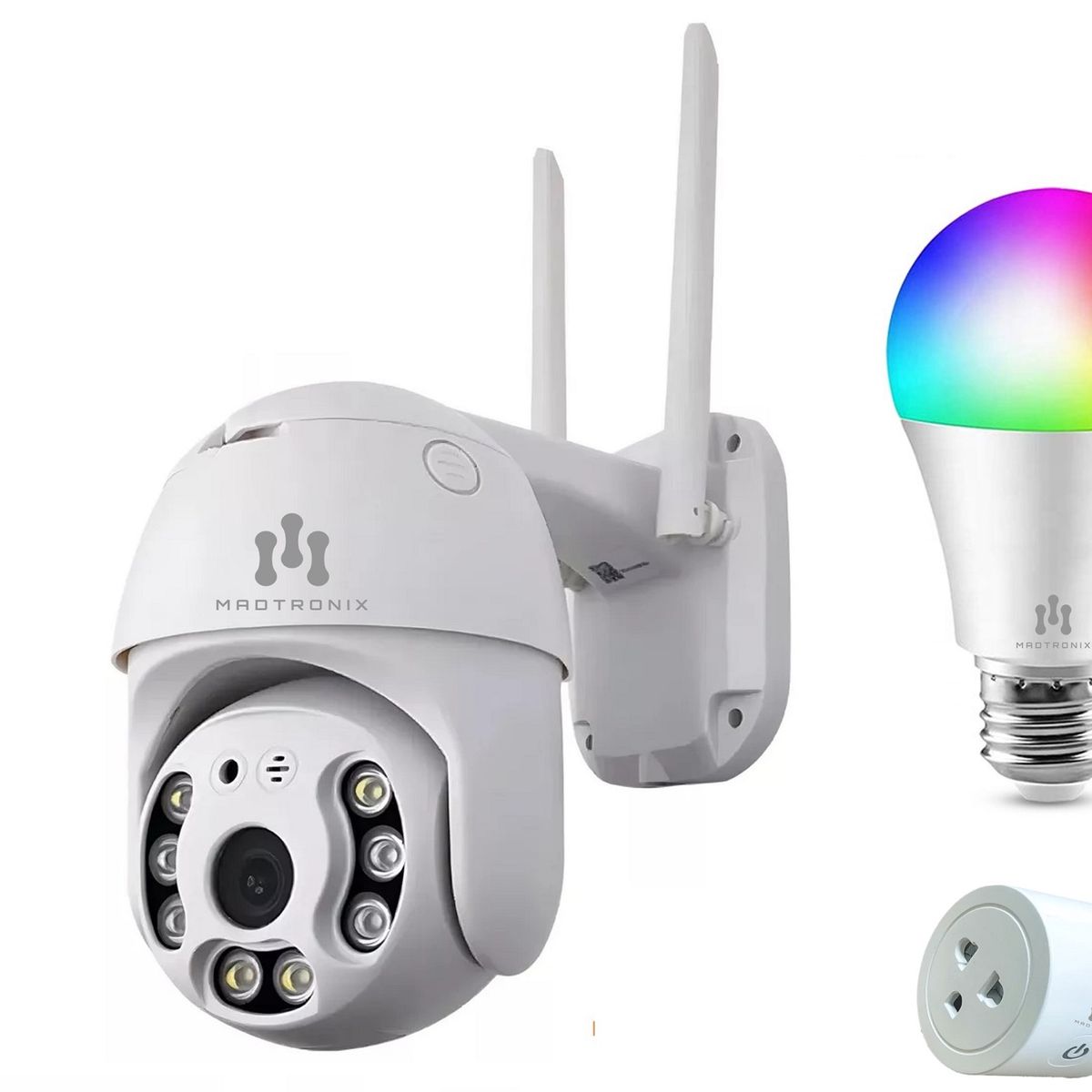 MADTRONIX - Pack Foco  Enchufe Inteligente con Alexa y Google y Camara IP Exterior