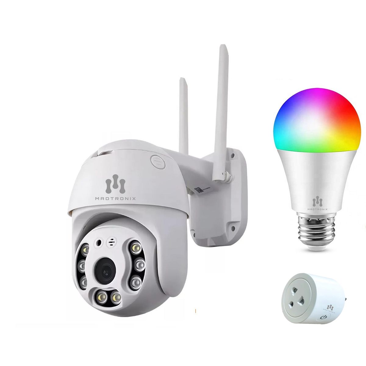 MADTRONIX - Pack Foco  Enchufe Inteligente con Alexa y Google y Camara IP Exterior