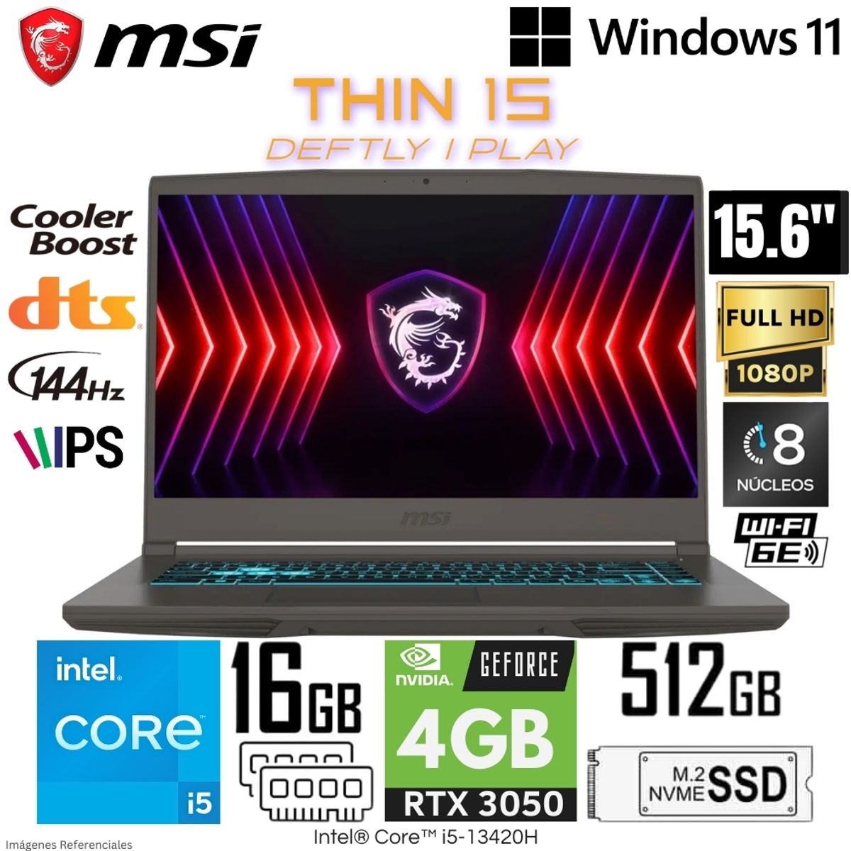 MSI - Laptop MSI THIN 15 B13UC Intel Core i5-13420H 16GB RAM 512GB SSD RTX3050-4GB 15.6"  FHD - Cosmo Gray