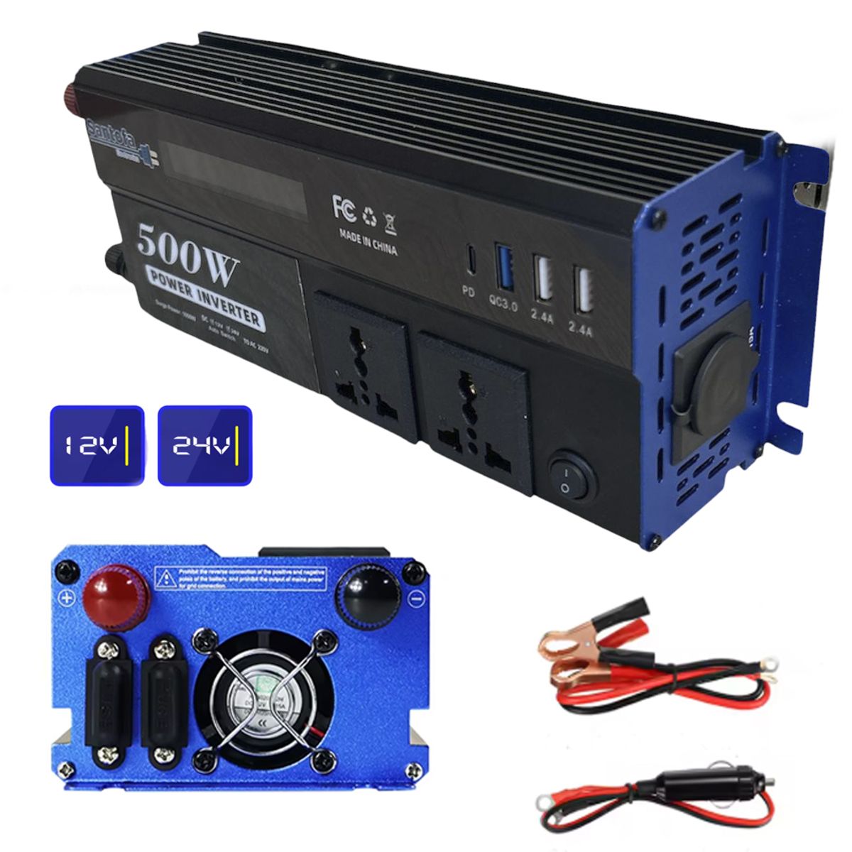 SANTOFA ELECTRONICS - Inversor de corriente 12V/24V a 220V 500W  Para auto casa y camping