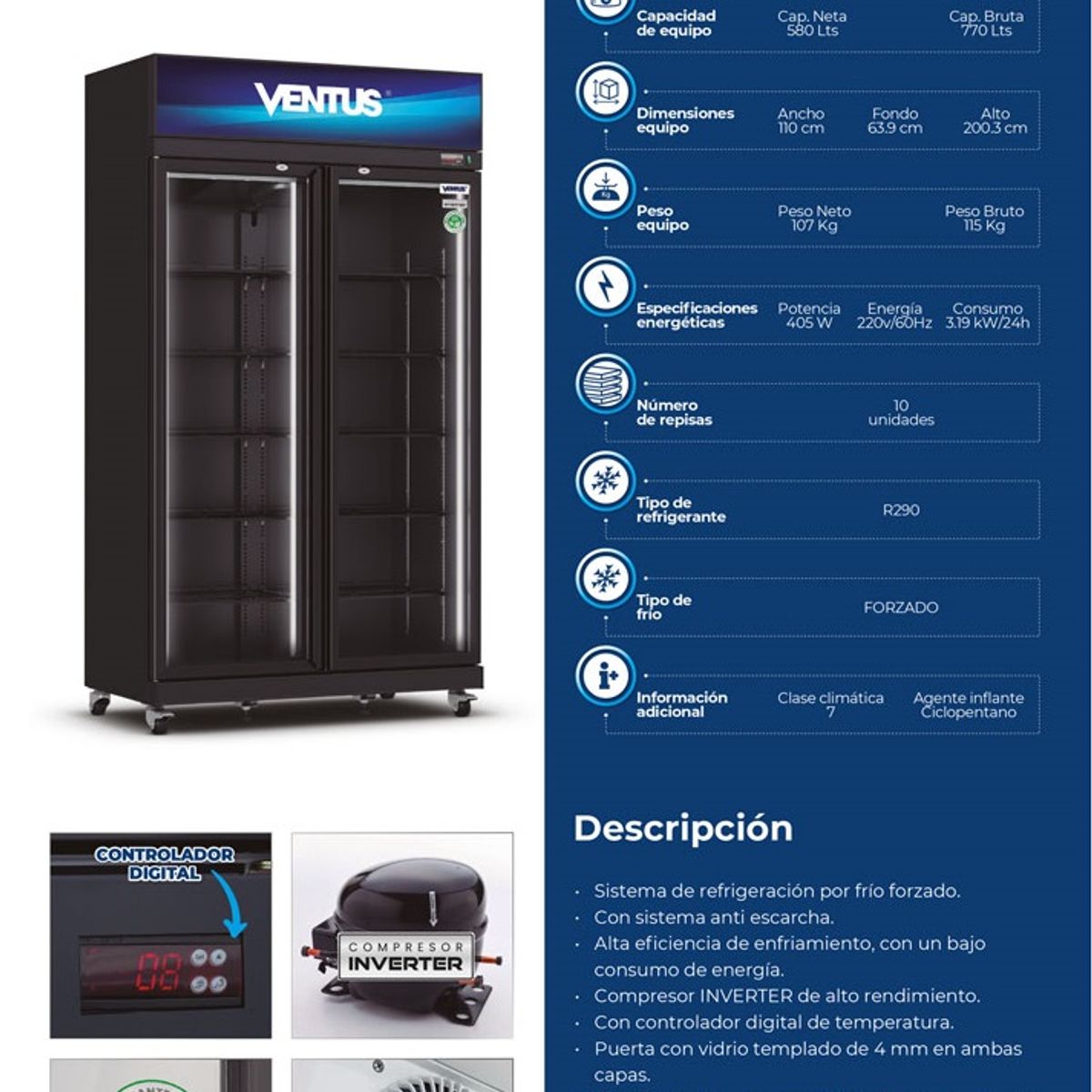 VENTUS - Visicooler Inverter negro, 2 puertas 770L, VC-750 INV-VENTUS