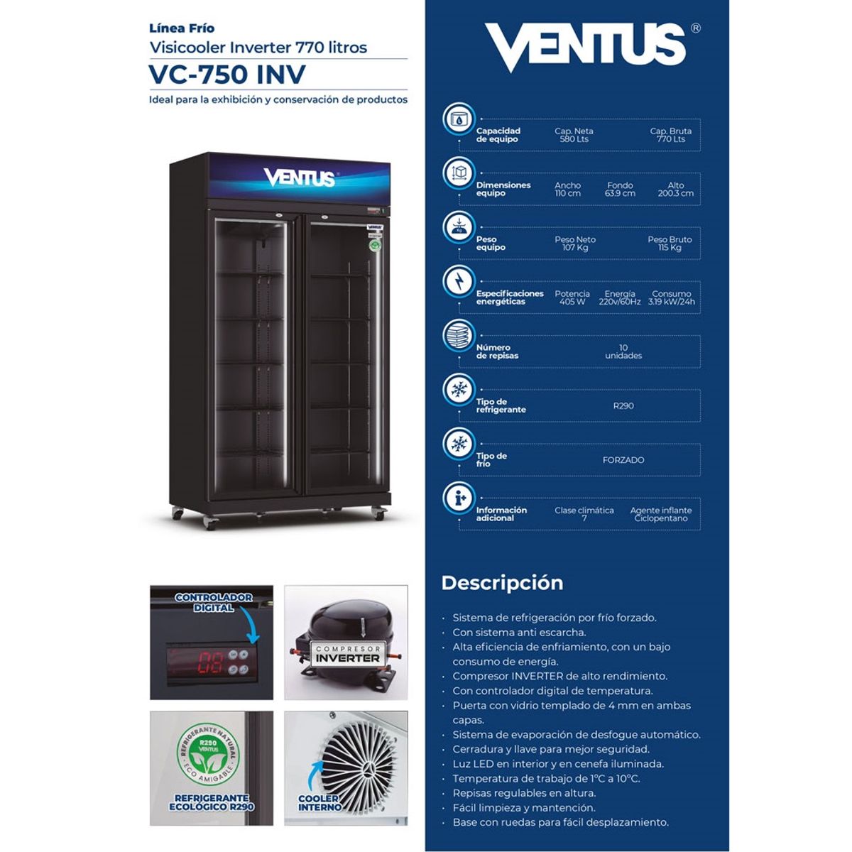 VENTUS - Visicooler Inverter negro, 2 puertas 770L, VC-750 INV-VENTUS