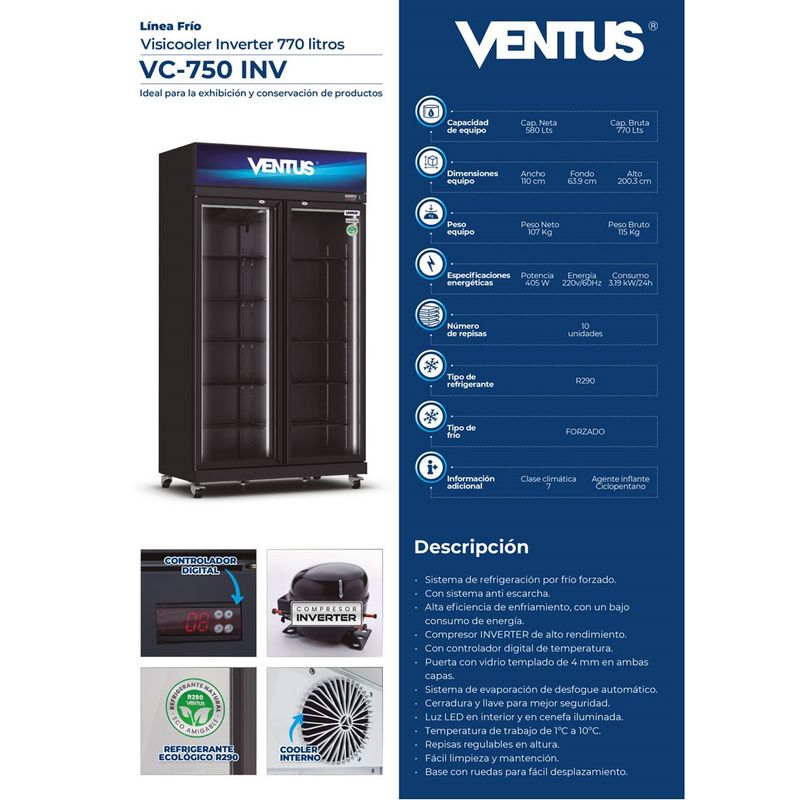 VENTUS - Visicooler Inverter negro, 2 puertas 770L, VC-750 INV-VENTUS