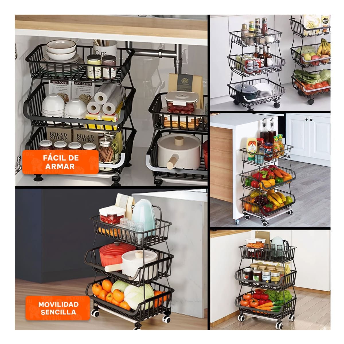 GENERICO - Pack2 Cesta Resistente Movible 3 Niveles de Cocina Negro