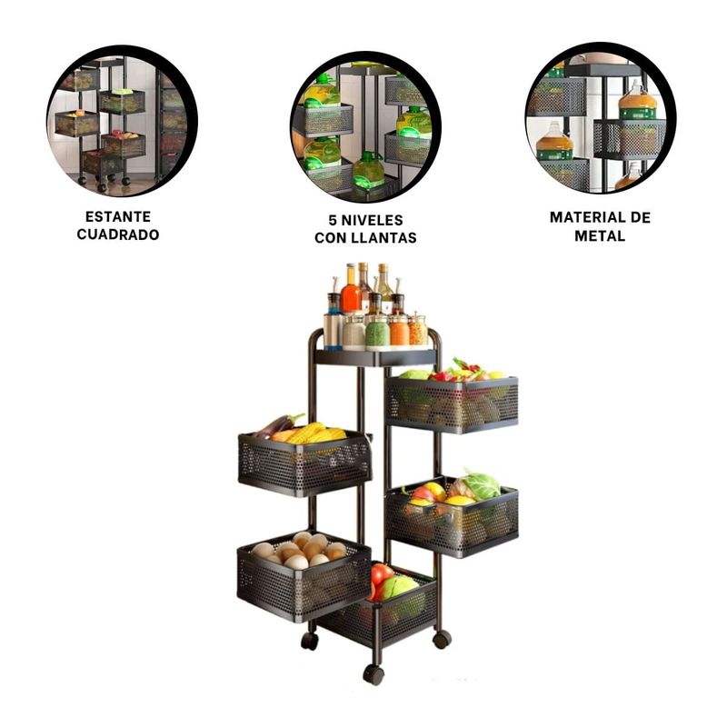 GENERICO - Pack2 Estante Cuadrado de 5 Niveles con Ruedas en Negro