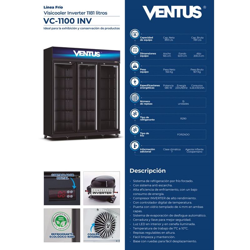 VENTUS - Visicooler Inverter negro 3 puertas 1180 L, VC-1100INV-VENTUS