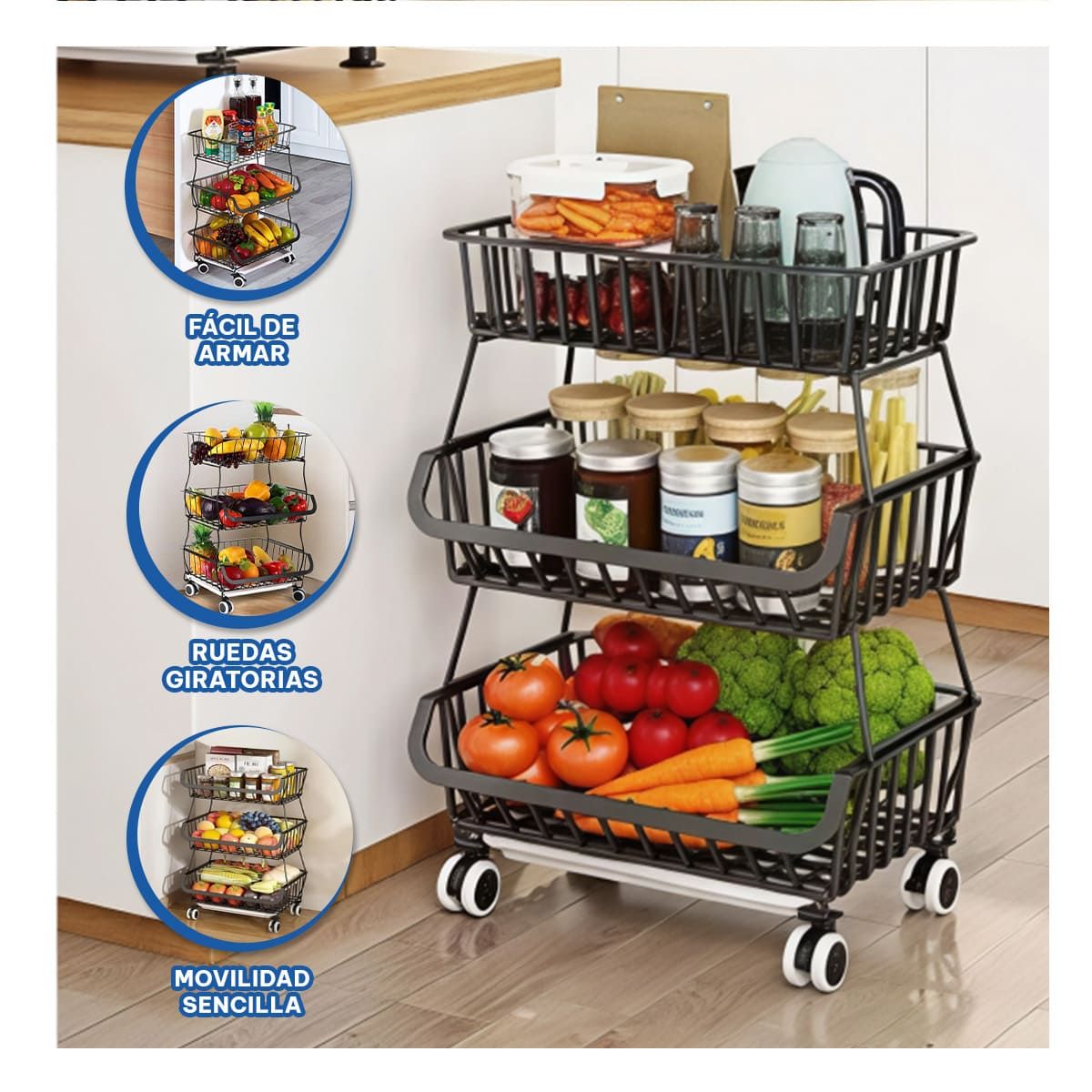 RYBIU IMPORT - Pack2 Cesta Resistente Movible 3 Niveles de Cocina Negro