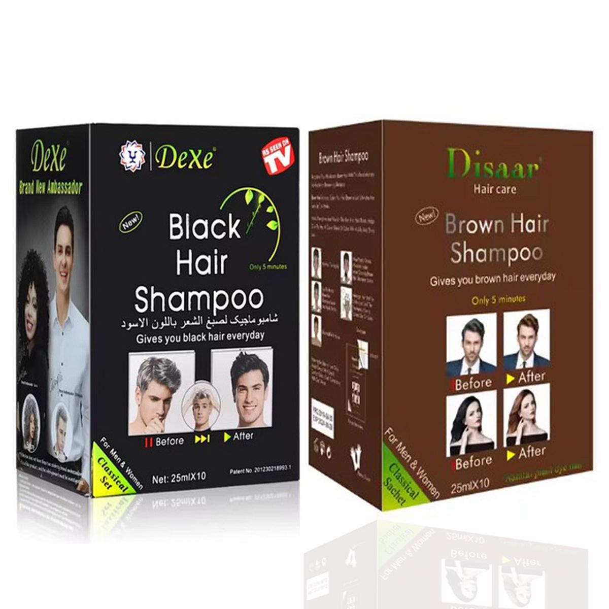 DEXE - BLACK HAIR SHAMPO COLOR NEGRO Y CASTAÑO 2 CAJAS