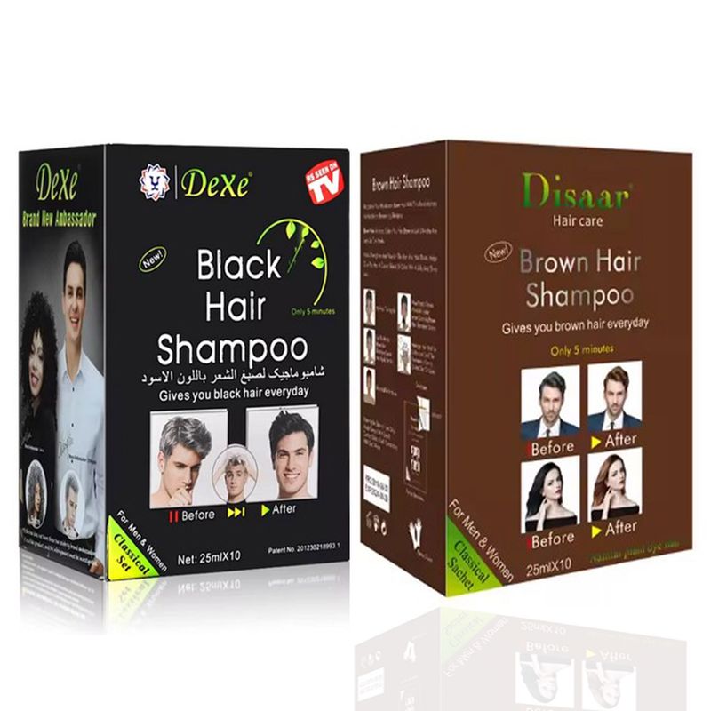 DEXE - BLACK HAIR SHAMPO COLOR NEGRO Y CASTAÑO 2 CAJAS